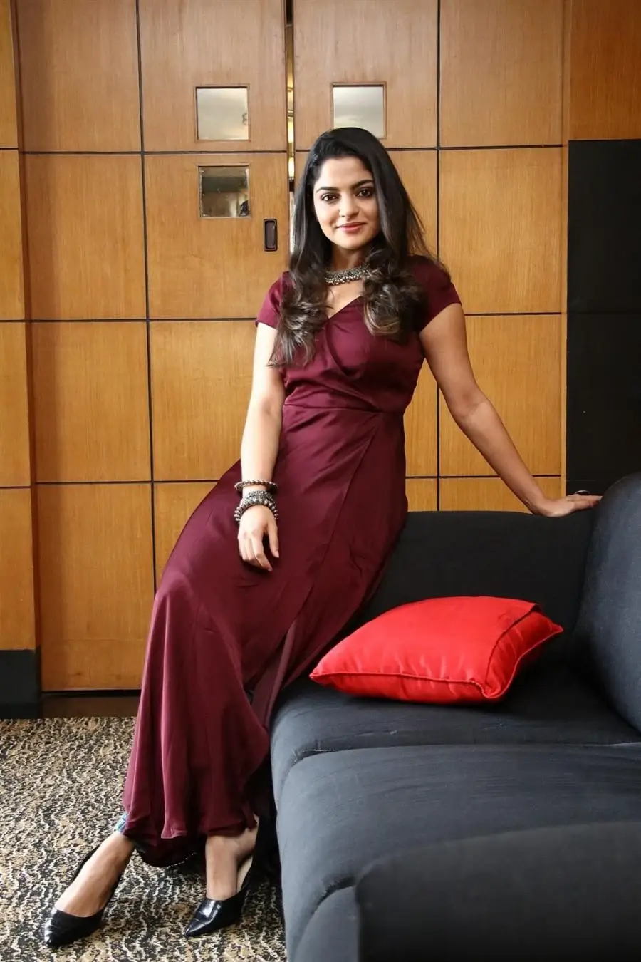 Malayalam Movie Heroine Nikhila Vimal in Maroon Dress